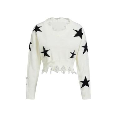Imagem de SOLY HUX Suéter feminino com estampa de estrelas rasgado bainha crua gola V manga longa pulôver cropped tops, Estrela bege, 9 Years