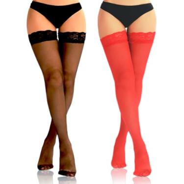 Imagem de Miaband 2 pares de meias transparentes na altura da coxa, renda alta, sensualidade, lingerie feminina, Preto + vermelho, Tamanho Único