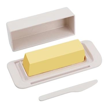 Imagem de Manteiga de bambu com tampa e faca, pequeno suporte de manteiga para um palito de manteiga, recipiente para geladeira, bancada, lava-louças para cozinha e geladeira, branco