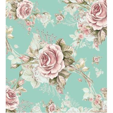 Imagem de Papel de Parede Autocolante romântico floral Rosa E Verde Com Fundo Az