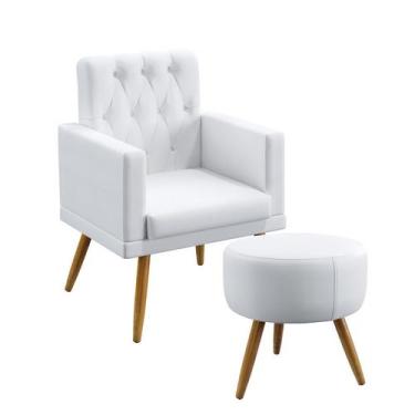 Imagem de Poltrona Vega Rodapé Capitonê + Puff Solar Couro Artificial Branco Ara