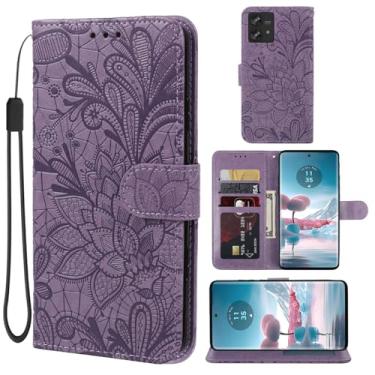 Imagem de Gufuwo Capa para Motorola Edge 40 Neo, capa carteira Moto Edge 40 Neo XT2307-1, capa de celular flip de couro PU com flor de renda para celular para Motorola Edge 40 Neo 5G roxo