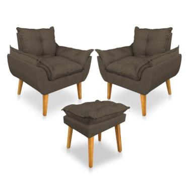 Imagem de Kit 2 Poltronas Decorativa e Puff Opala Luxo Linho Marrom Dal Poz Esto