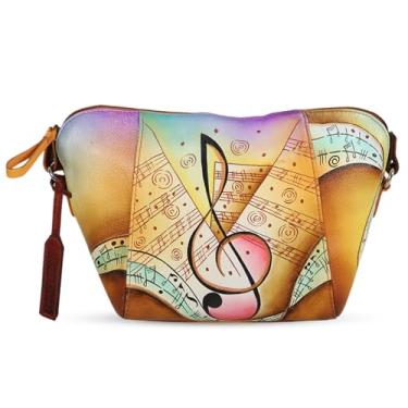 Imagem de Bolsa feminina de couro genuíno pintada à mão, bolsa tiracolo feminina dourada marrom musical pintada à mão multicolorida, bolsa tiracolo para presente, embalada para presente, Marrom, Medium