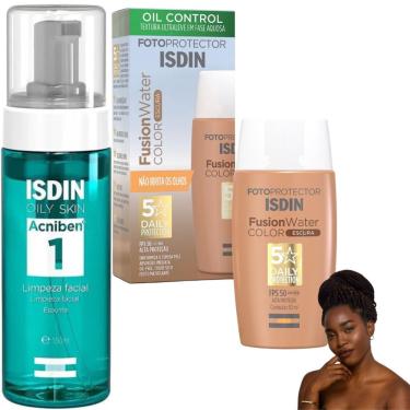 Imagem de Kit Isdin Protetor Solar Color Escura Acniben Limpeza Facial