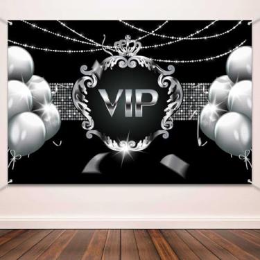 Imagem de QICAIYUN Pano de fundo VIP para fotografia preto e prata tema VIP fundo de balão prateado coroa festa decoração banner foto cabine estúdio adereços 82,68x59 INYUNHBDJ212