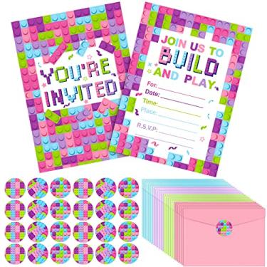 Imagem de Colarr Conjunto de 24 blocos de construção rosa para meninas, convites de festa de aniversário, cartões de convites de blocos de blocos de meninas com etiquetas adesivas de envelopes para 24