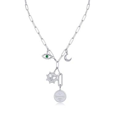 Imagem de PAVOI Colar Lariat banhado a ouro 14K para mulheres | Corrente de clipe de papel com pingentes removíveis – Olho turco, lua, borboleta, flecha e disco de pedra preciosa | Joias de ouro elegantes, 19
