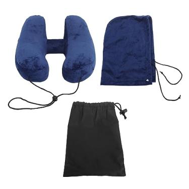 Imagem de Travesseiro de viagem inflável H em forma de destacável e lavável preenchimento rápido com sacola de armazenamento e travesseiro de avião para o pescoço para o queixo da cabeça do (Azul-marinho)