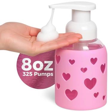 Imagem de Dispensador de garrafa de vidro espumante de 227 g com manga de silicone de coração, rosa brilhante