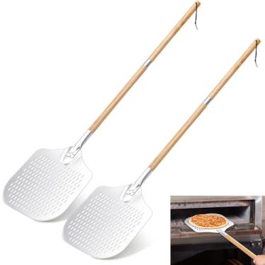 Imagem de Maxdot 2 peças de espátula de pizza perfurada de alumínio de 30 x 35 cm com cabo extensível de madeira removível de 132 cm de comprimento para assar pão de torta caseiro