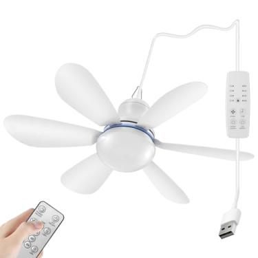 Imagem de Mengnessly Soquete USB Ventilador de Teto com Luzes e Controle Remoto, 4 Velocidades, 42 cm Mini Pequeno DC 5V, Silencioso, Campismo Emergência Portátil Pendurado Gazebo Dossel Ventoinhas de