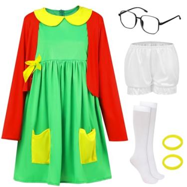 Imagem de Panitay 7 peças de roupas femininas para fantasia de Halloween, vestido verde, cardigã de malha vermelho, shorts de óculos, meias e laço de cabelo para cosplay, Vermelho e verde principais, Small