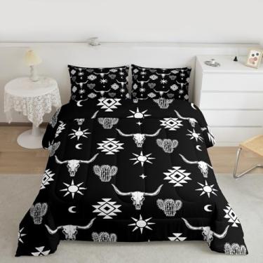 Imagem de Feelyou Conjunto de edredom Queen com caveira de touro ocidental, asteca do sudoeste, para crianças, meninos, meninas, tribal, boêmio, cacto exótico, decoração de quarto, microfibra, 3 peças com 2