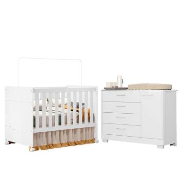 Imagem de Jogo de Quarto Infantil com Berço Americano Zaki Cômoda e Katatau em MDF Branco Fosco p...