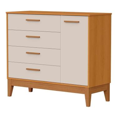 Imagem de Cômoda Infantil Flip 4 Gavetas 1 Porta em MDF com Puxadores em MDF Bege Fosco com Pés Fixos