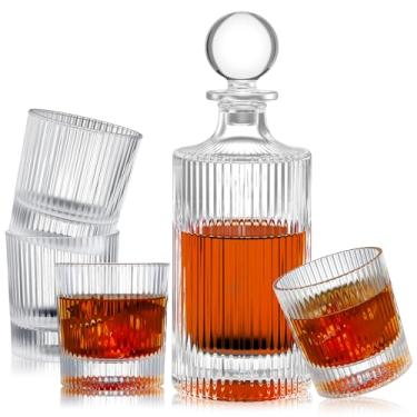 Imagem de Qinyoung Conjunto de decantador de uísque de cristal canelado de 5 peças, conjunto de decantadores de licor com 4 copos de uísque para homens e mulheres, colegas de trabalho