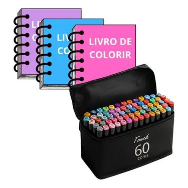 Imagem de Kit Livro de Colorir Premium Capa Dura + Estojo de 60 Canetas Touch Colorir Ponta Dupla Marcador Permanente