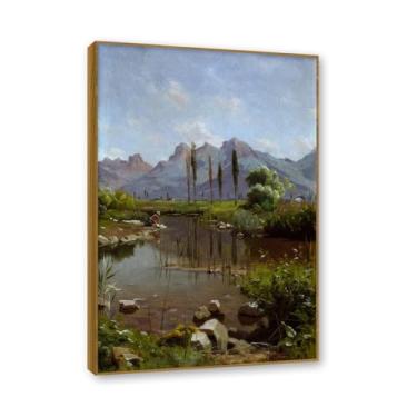 Imagem de Moldura externa de teca. Famosas pinturas a óleo (paisagem 18) por Peder Mork Monsted, reprodução impressa em tela, arte de cenário para decoração de sala de estar. 40 x 60 cm - 15,8 x 23,7 pol