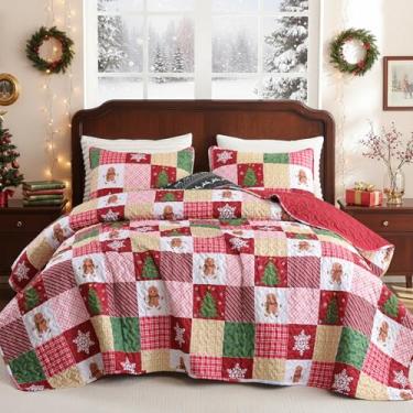 Imagem de Conjunto de colcha de Natal tamanho Queen – Roupa de cama xadrez de patchwork com design de pão de gengibre, colcha de árvore de Natal e floco de neve, edredom de inverno leve e macio para presente e