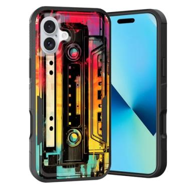 Imagem de KJFHDJFDH Capa para iPhone 17, camada dupla, híbrida, resistente, resistente, à prova de choque, PC rígido + capa protetora de silicone macio para iPhone 17 de 6,3 polegadas 2025, fita cassete retrô