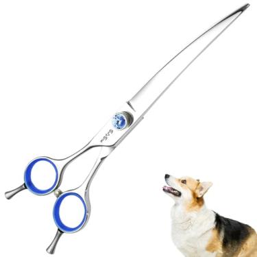 Imagem de 7 polegadas 30 ° para baixo curvo esquerdo cão cuidado tesoura, japonês VG10 aço profissional animal de estimação tesoura, com segurança sem ruído ponta blunt
