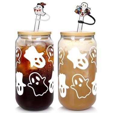 Imagem de Copos de Halloween, 590 ml de copo de lata de cerveja de Halloween com tampa e canudo copos de café decoração de Halloween pote de biscoito de presente de Halloween garrafas de água potável decorações de Halloween interior