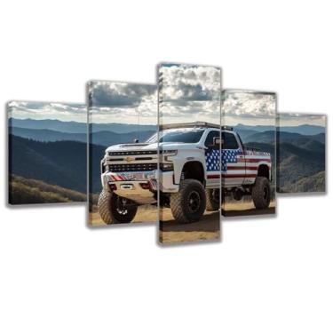 Imagem de Impressão em tela de caminhonete branca, 5 peças de pintura de parede de carro para concessionária de carros de sala de estar (Art-1, Pequeno 40X20 polegadas sem moldura)