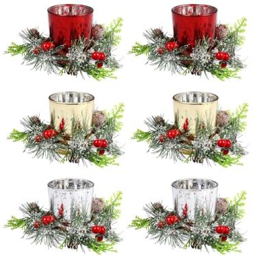 Imagem de 12 peças de anéis de vela de Natal com suportes de vela de vidro com guirlandas de pinhas vermelhas bagas artificiais guirlanda de pinheiro nevado, suporte de vela para mesa de casamento, Natal