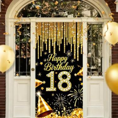 Imagem de HOMETITUTE Capa de porta de aniversário de 18 anos 188 x 89 cm, faixa de aniversário preta e dourada para decorações de festa, número de diamante, placa de fundo com chapéus, fogos de artifício