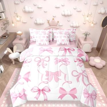 Imagem de Conjunto de cama solteiro com laço para meninas, 7 peças, laço rosa, conjunto de edredom de fita fofa para adolescentes, crianças, mulheres, princesa, kawaii, decoração de quarto com edredom