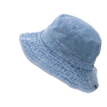 Imagem de Chapéu de pescador feminino de cowboy com botão flip chapéu panamá chapéu de bacia ajustável chapéu de pesca ao ar livre boné de sol azul claro tamanho único