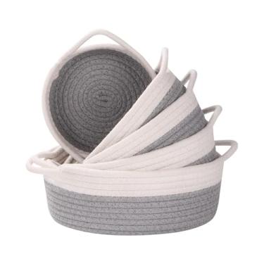 Imagem de Conjunto de 5 cestos pequenos de tecido, prateleiras, caixas de corda de algodão natural com alça, papel higiênico para bancada, presentes fofos, organizando mini caixa de berçário (branco e cinza)