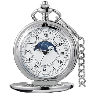 Imagem de Alwesam Relógio de bolso suave, calendário de fases da lua, numerais romanos, escala, quartzo, relógios de bolso com corrente, melhores presentes - prata