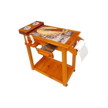 Imagem de Mesa de Apoio para Churrasco Retrô, Carrinho com Rodízios, Madeira, 110x43x85cm, com Recipientes Inox e Porta Papel