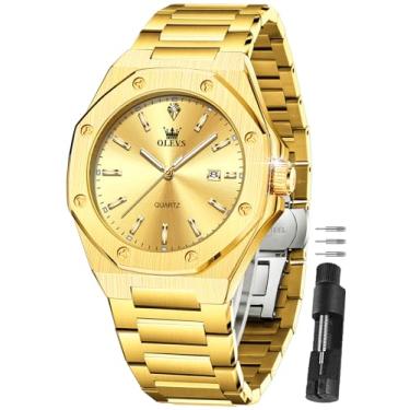 Imagem de OLEVS Relógio de pulso masculino de aço inoxidável, à prova d'água, luxuoso, com data, casual, azul/preto/dourado/prata Reloj para Hombre, Todo dourado., Round, Relógio masculino casual de negócios