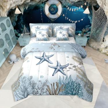 Imagem de Erosebridal Jogo de cama Queen com estrela do mar oceano, 7 peças, azul-petróleo, litoral, litoral, lençol com lençol subaquático, para crianças, meninos, meninas, recifes de corais, peixes, kawaii,