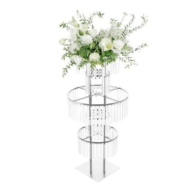 Imagem de Lemoeyes Vasos de cristal para centros de mesa, suporte de flores com cristais pendurados, vaso de casamento prata de 110 cm, suporte de pedestal de candelabro redondo de 5 camadas para decoração de