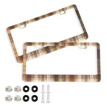 Imagem de Wassud Moldura de placa de carro xadrez marrom decorativa de alumínio pacote com 2 suportes universais para placa de licença para carros padrão dos EUA