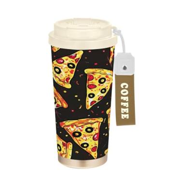 Imagem de YETTASBIN Caneca de café de viagem com isolamento térmico de pizza de 482 g com tampa canudo, copo à prova de derramamento e vazamento com alça para bebida quente e fria, garrafa de água de aço