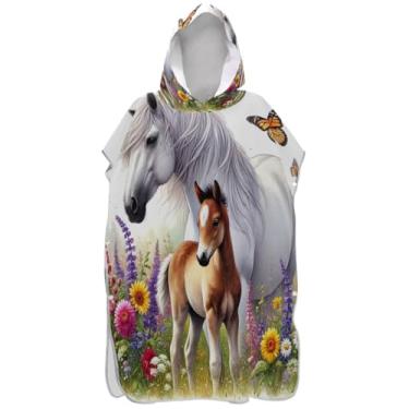 Imagem de Joisal Cavalo floral poncho de surfe para adultos trocador de roupa de praia com capuz toalha floral plus size unissex adulto poncho com capuz