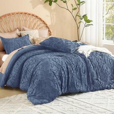 Imagem de Litanika Conjunto de edredom King Size azul oceano, 3 peças de roupa de cama boho, adornado boho, fofo para todas as estações, com 2 fronhas de padrão de folhas (264 x 224 cm)