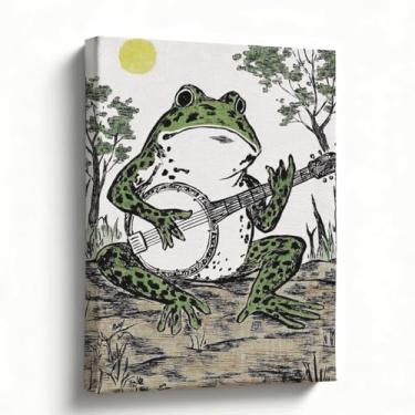 Imagem de Arte de parede de sapo, impressão em tela de banjo tocando sapo, pôster de animal de arte popular vintage, decoração de bar de banheiro de cabine rústica, presente divertido para amantes de música, 20