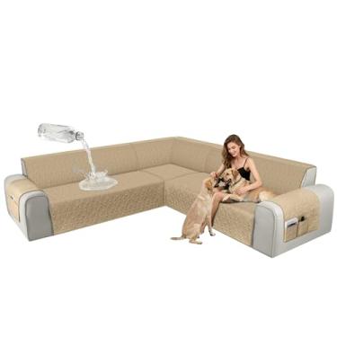 Imagem de ALIECOM Capas de sofá seccionais de canto, à prova d'água, laváveis, em forma de L, protetora, geométrica, jacquard, capa de móveis, com alça ajustável para cães de estimação (2GG, castanho)