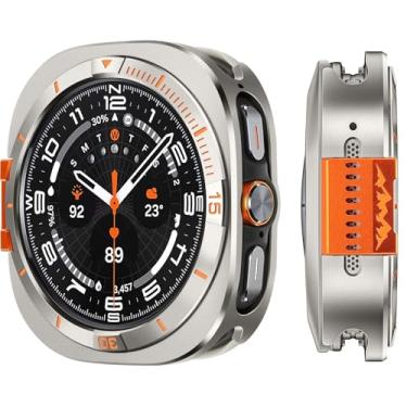 Imagem de Suphart Capa de metal compatível com Samsung Galaxy Watch Ultra 2025/2024, amortecedor resistente 2 em 1 com moldura traseira para Galaxy Watch de 47 mm (titânio/laranja)