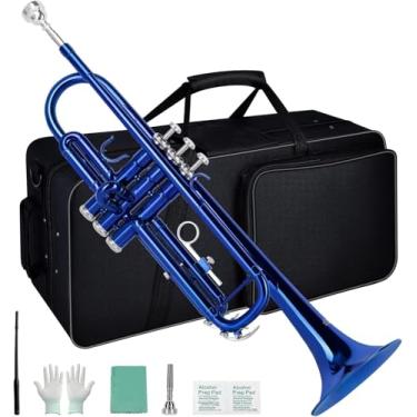 Imagem de VEDO Kit para iniciantes de trompete em Si bemol, instrumento de sopro de metal para estudantes, estojo rígido, ferramentas de limpeza, bocal 7C e luvas. (Azul)