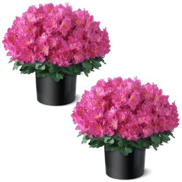 Imagem de YXZZWL Conjunto de 2 árvores de topiaria de flor de azaléia artificial – plantas em vasos de flores de seda falsa, arbustos de azaléia artificiais resistentes ao sol para porta da frente, jardim