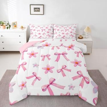 Imagem de jejeloiu Conjunto de edredom com laço rosa kawaii, para todas as estações, com 1 fronha, estilo princesa sonhadora, de microfibra, roupa de cama solteiro, com laço fofo, edredom respirável, macio