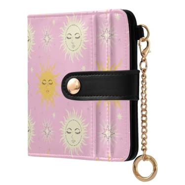 Imagem de STAYTOP Carteira feminina pequena de sol e lua com olhos fechados com bloqueio de RFID de couro macio e dobrável com compartimento para cartão com zíper para moedas, janela para identidade