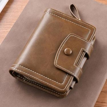 Imagem de Carteira masculina fina com bolso com zíper – Organizador compacto de poliuretano com 12 compartimentos, 12 x 10 cm (preto, café, marrom claro, cáqui), Cáqui escuro, Retrô